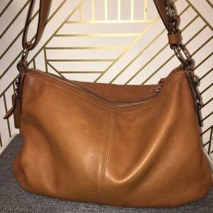 Camel colored leather coach purse